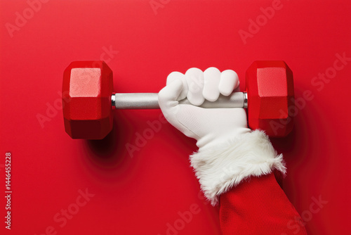 Santa claus hand holding dumbbell