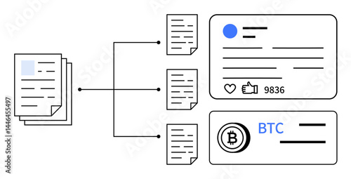 Stacked documents connected to detailed profiles and cryptocurrency data. Ideal for data sharing, blockchain, cryptocurrency, networking, digital marketing, social media metrics, simple landing page