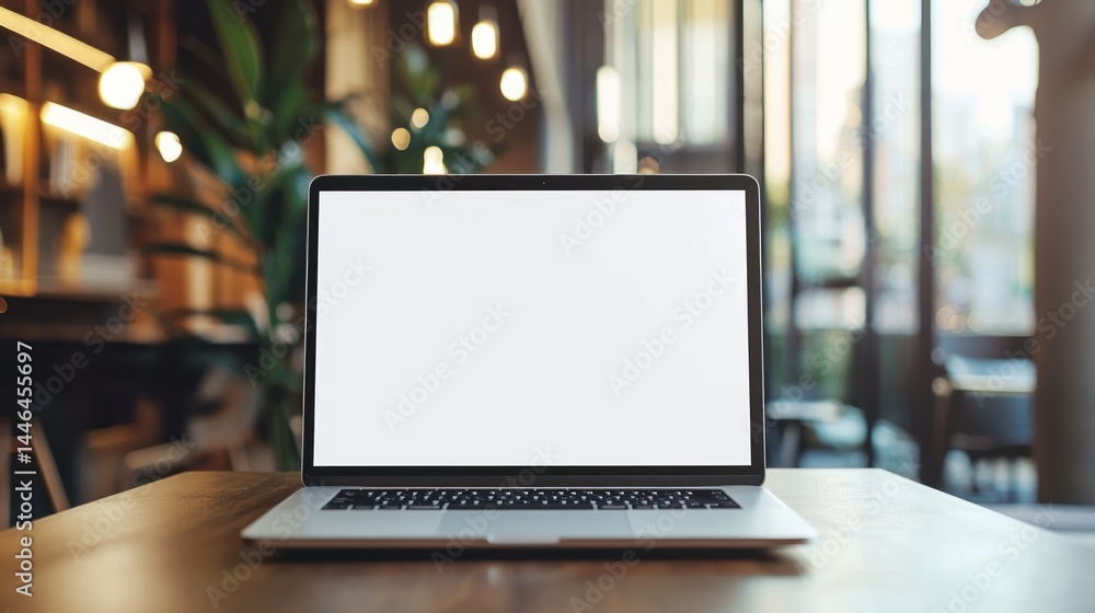 Laptop with Blank Screen on Wooden Table in Modern Cafe