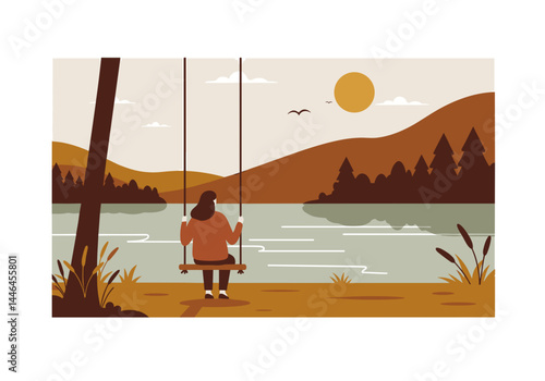 Person sitting on a swing by a lake enjoying a sunset view  