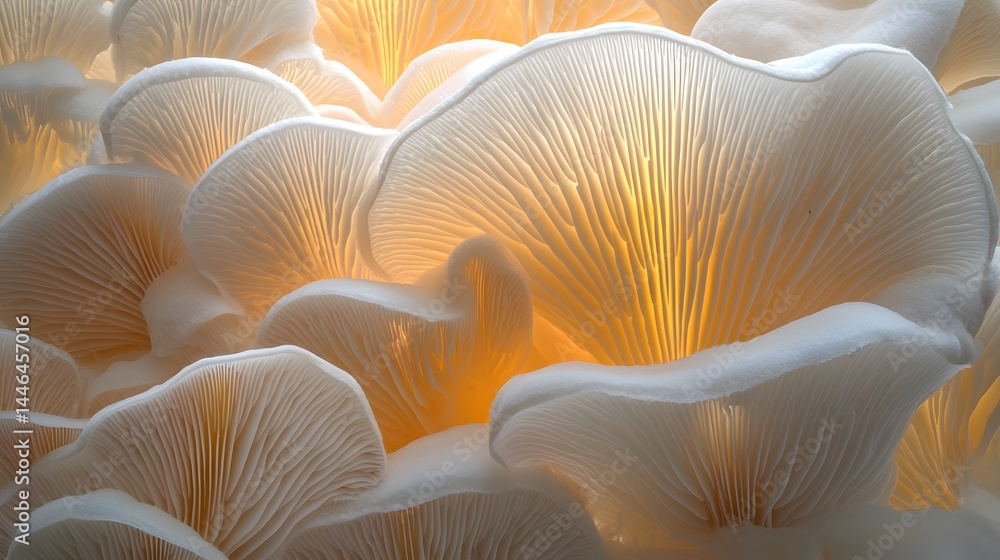 Illuminated Oyster Mushroom Cluster: An abstract perspective highlights a cluster of radiant oyster mushrooms. A beautiful, otherworldly display of nature's intricacies. The delicate. Illuminated Oyster Mushroom Cluster: An abstract perspective highlights a cluster of radiant oyster mushrooms. A beautiful, otherworldly display of nature's intricacies. The delicate.