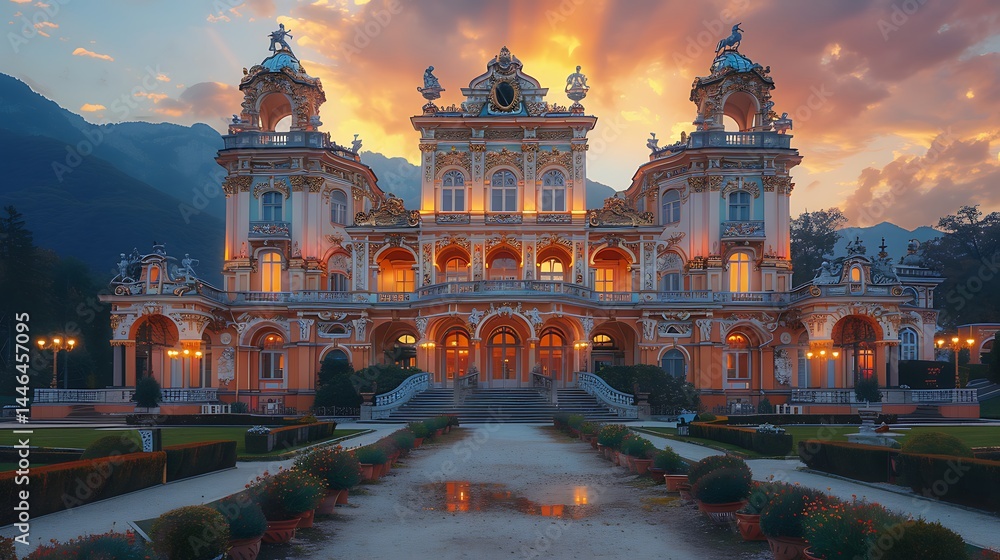 Naklejka premium Historic royal estate featuring elaborate stonework and lush gardens high resolution photo
