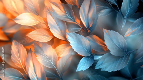 Wallpaper Mural Nature's Embrace: A close-up shot showcasing the intricate details of delicate leaves, bathed in a soft, ethereal glow of orange and blue. Torontodigital.ca