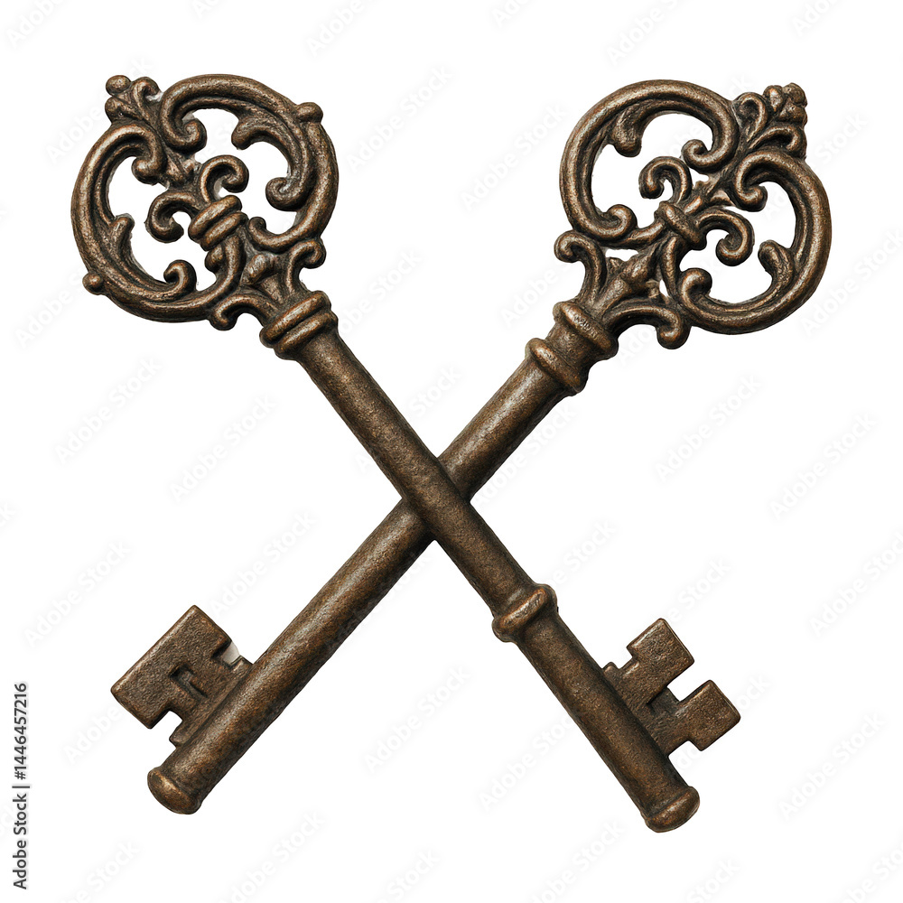 Obraz premium Crossed antique skeleton keys, featuring detailed scrollwork and a rich, aged patina.