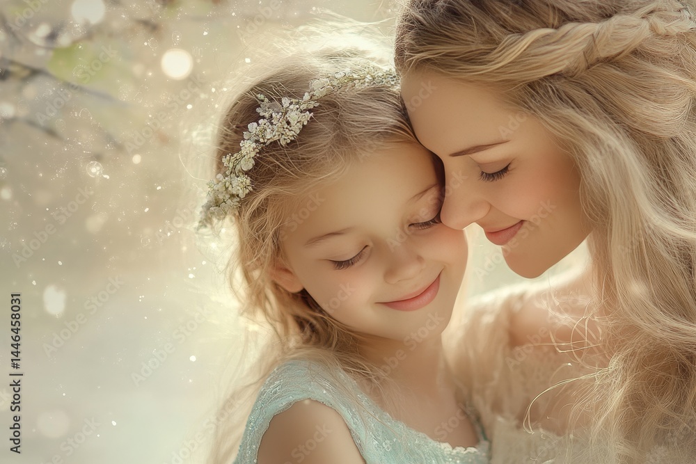 A tender embrace of a mother and daughter in a soft, light setting. A tender embrace of a mother and daughter in a soft, light setting.
