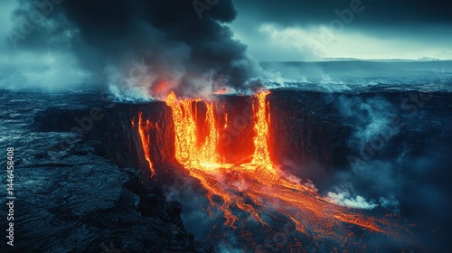 Molten cascade plunges into ashen landscape