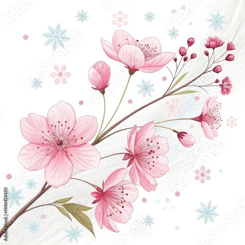 snowfall-with-pink-flowers-on-white-background