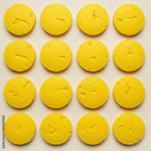 Sixteen bright yellow pills arranged in a grid pattern, representing medication or health.