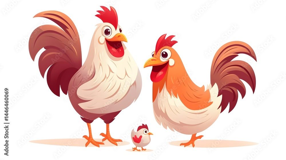 Fototapeta premium Cheerful chicken family enjoying love, chicken and rooster walking together