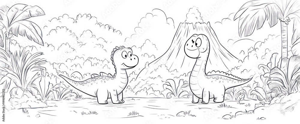 Two friendly dinosaurs in a prehistoric jungle scene, near a volcano Two friendly dinosaurs in a prehistoric jungle scene, near a volcano