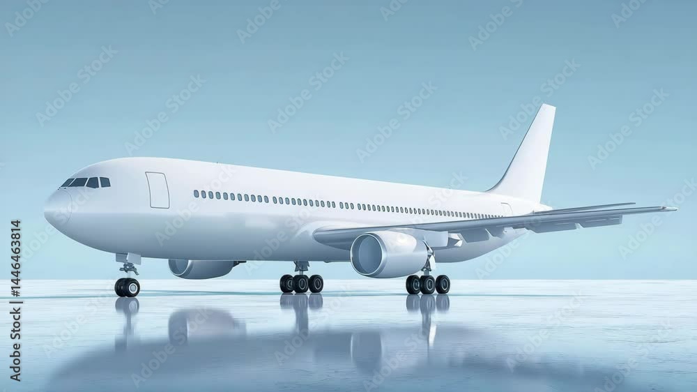 Sleek white jet airplane on a reflective surface against light blue. Clean minimalist design for travel or commercial use Sleek white jet airplane on a reflective surface against light blue. Clean minimalist design for travel or commercial use