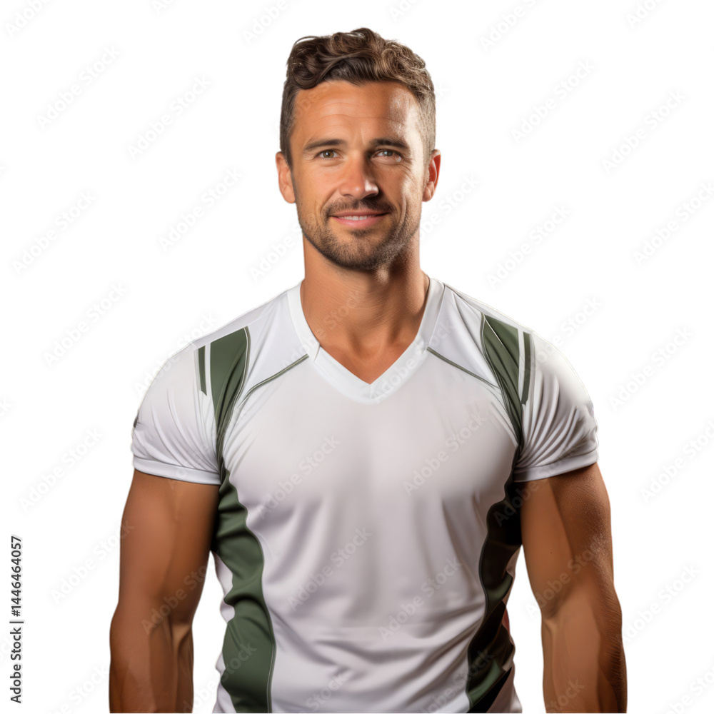 Obraz premium A man with a smile on his face is wearing a white shirt with green stripes