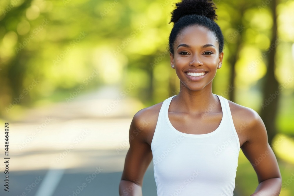 Fototapeta premium Woman is smiling and wearing a white tank top while walking down a street