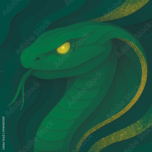3d Green cobra head with glowing eyes, tongue out and gold glitter lines, vibrant layered papercut 3D style modern illustration. Trendy ornate vector reptile background. Snake year Symbol. Zodiac sign