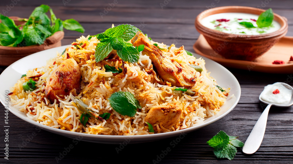 Delicious chicken and rice dish plated with mint on wooden table backdrop Delicious chicken and rice dish plated with mint on wooden table backdrop