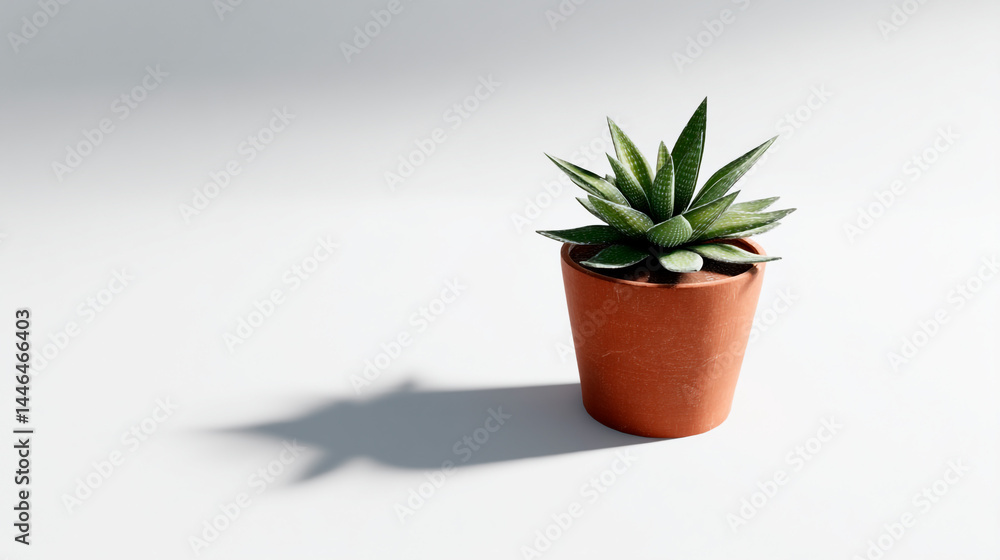 Small potted succulent on a white surface with cast shadow to the left. Small potted succulent on a white surface with cast shadow to the left.