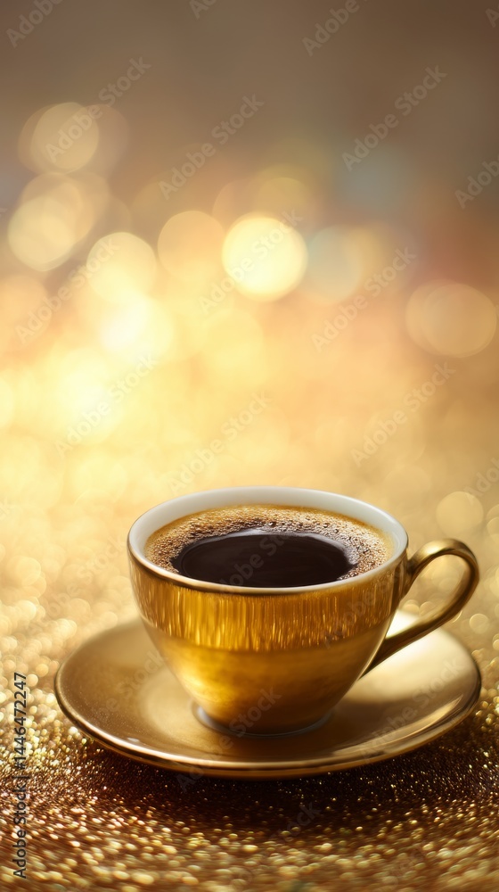 Fototapeta premium Elegant golden coffee cup exudes refinement against a softly blurred background suggesting luxury and quiet indulgence.