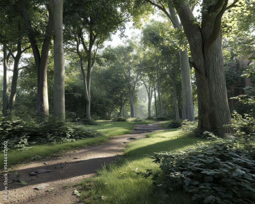 Obraz premium Ancient woodland, tall trees, vibrant green foliage, shadows, sunlight - ferns thick tall