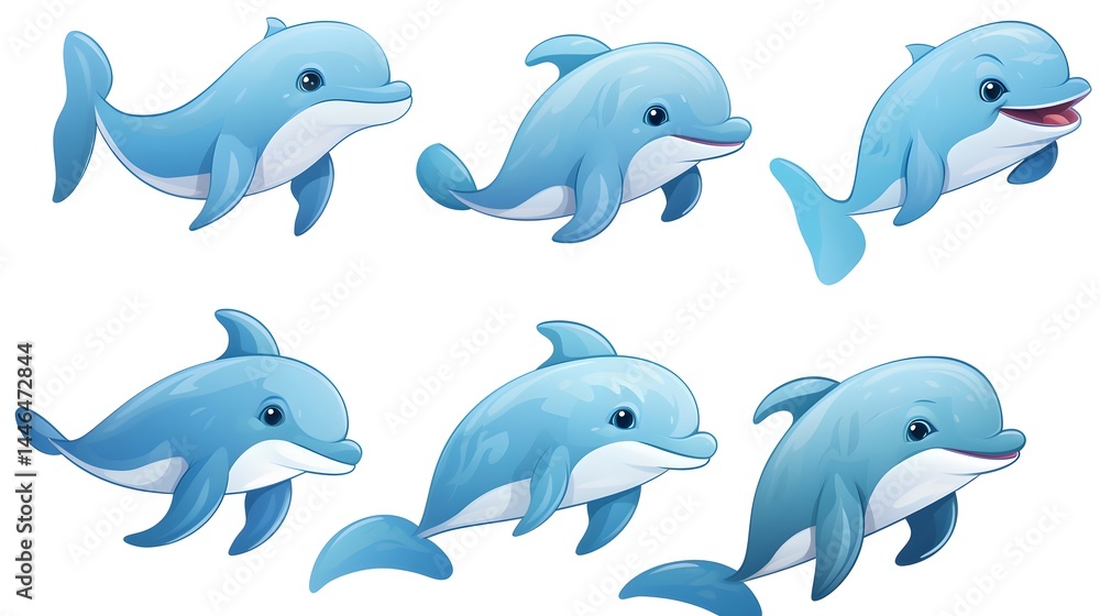 Obraz premium Professional Vector Illustration of Six Playful Dolphins Diving Underwater