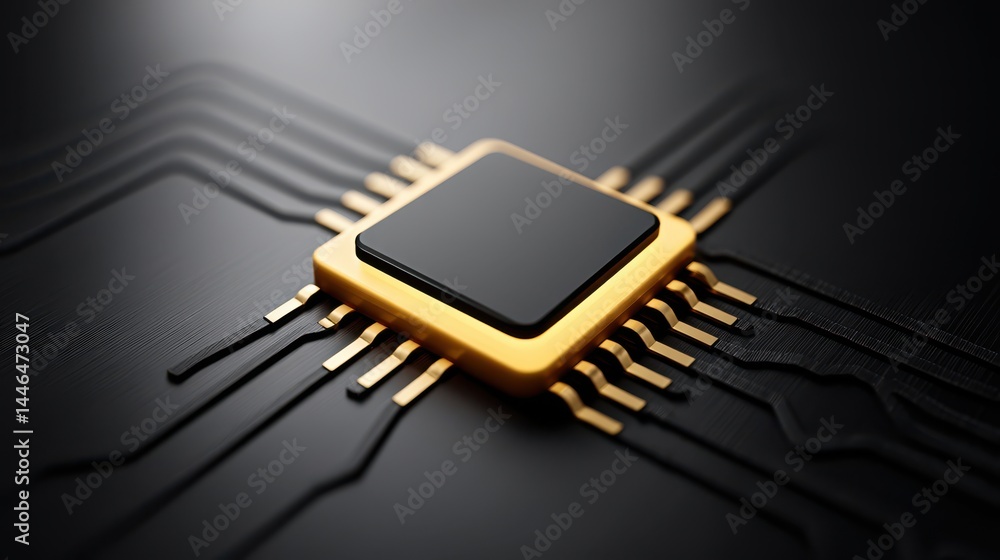 High-tech microchip on a circuit board with sleek design. High-tech microchip on a circuit board with sleek design.