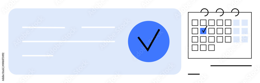 Blue check symbol on document and marked calendar date. Ideal for productivity, scheduling, planning, organization, success, deadlines, time management. Clean flat simple metaphor Blue check symbol on document and marked calendar date. Ideal for productivity, scheduling, planning, organization, success, deadlines, time management. Clean flat simple metaphor