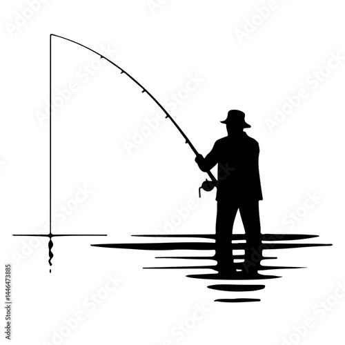 A black silhouette of a fisherman holding a fishing rod stands in the water.