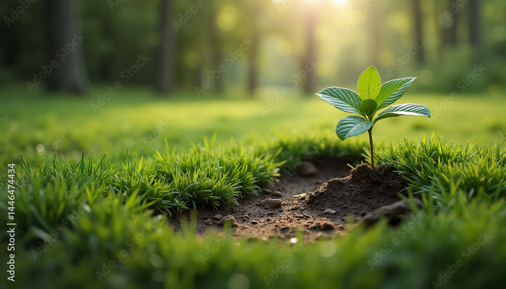 Leafy sprout growing in soil on Earth Day, morning sunlight