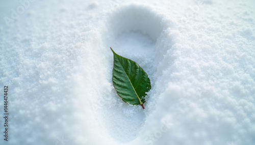 Obraz na płótnie Footprint with leaf, Earth Day, in snow background w salonie