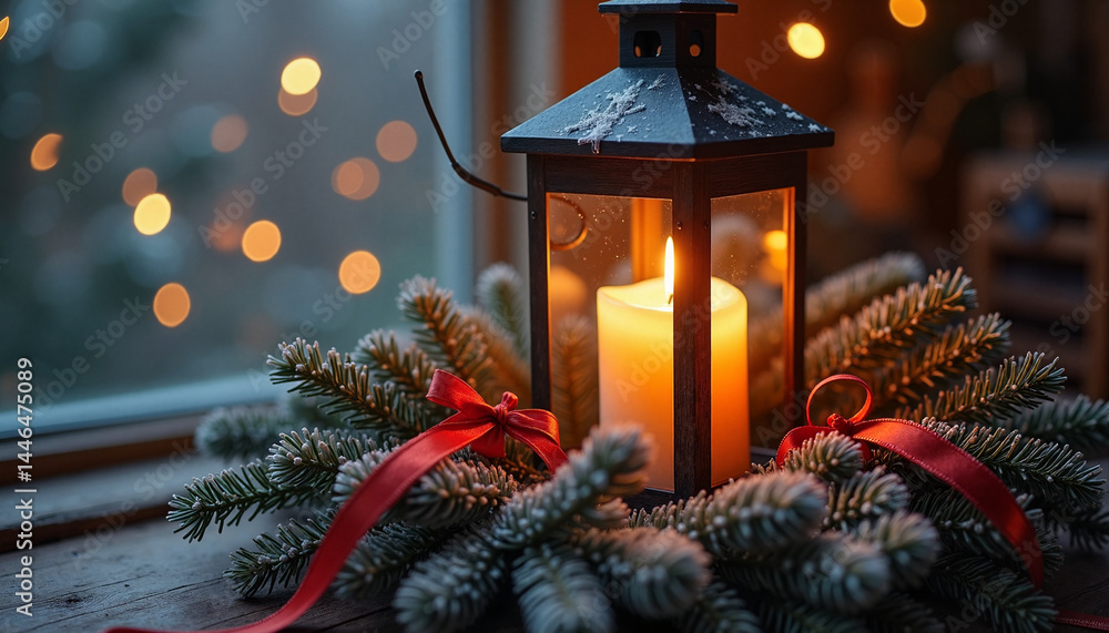 Candle with Christmas Decor, Christmas - Lantern illuminating festive wreath