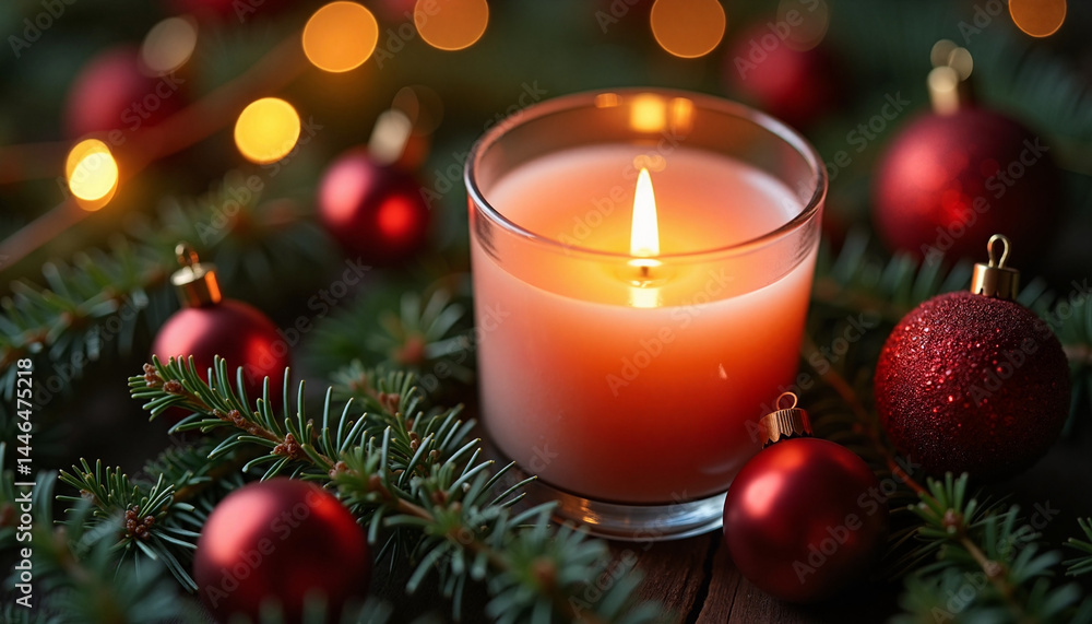 Candle with Christmas Decor, Christmas illuminating festive table