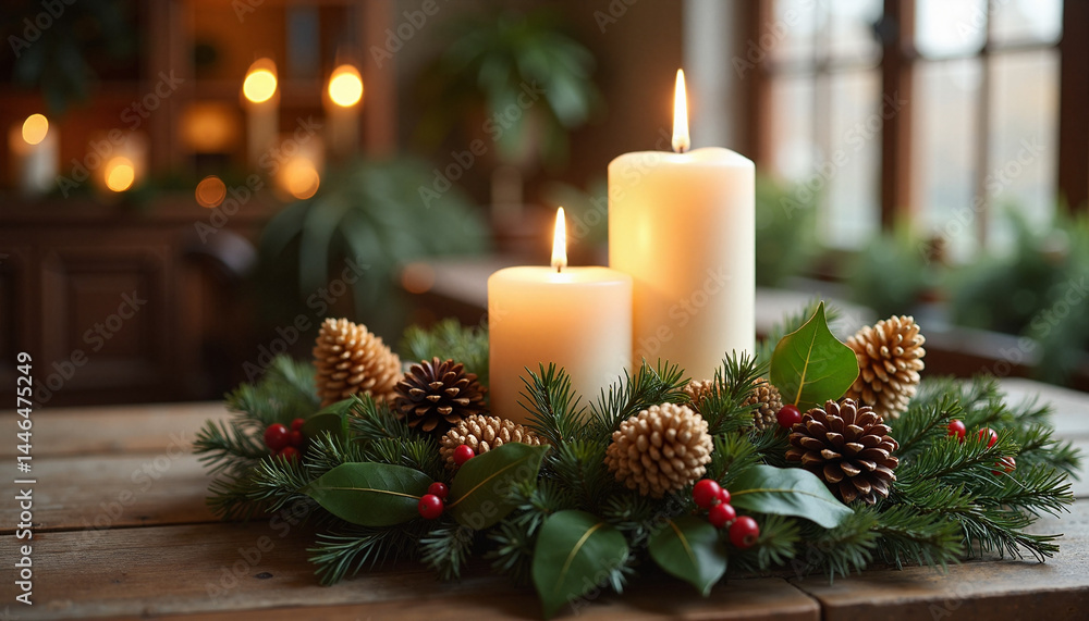 Christmas Candle with Holiday Decor on Wooden Table