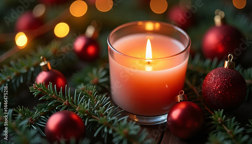 Candle with Christmas Decor, Christmas illuminating festive table  