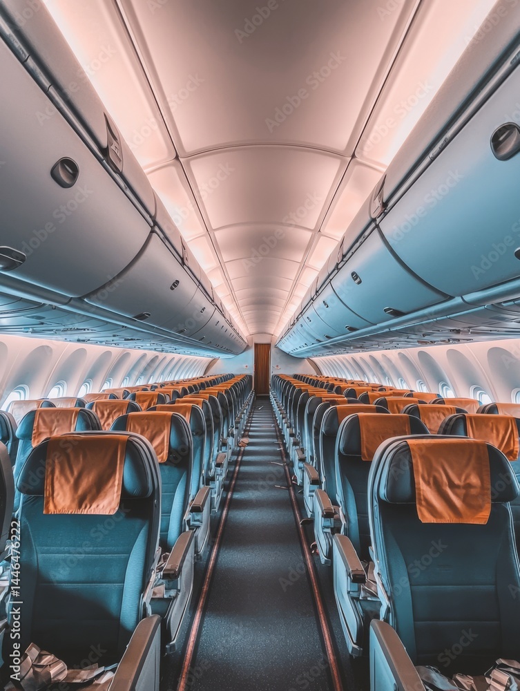 Fototapeta premium Empty Airplane Cabin Interior: Aisle View of Seats