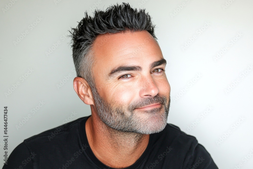 Obraz premium Elegant men's high fade haircut - midlife white man with black hair. A happy and confident gentleman enjoying his photo session. Pure white solid background. Idea of style for aging men.