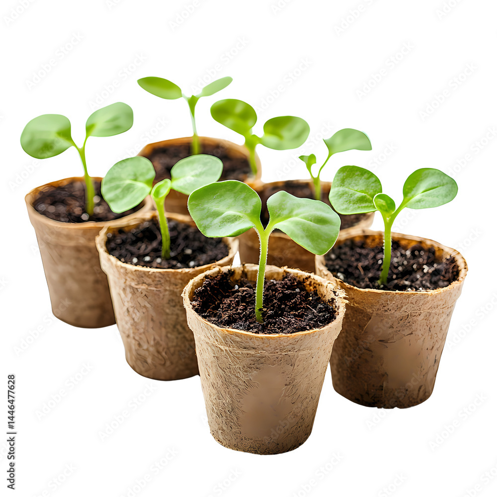 A collection of young seedlings growing in biodegradable pots, symbolizing new beginnings and sustainability. A collection of young seedlings growing in biodegradable pots, symbolizing new beginnings and sustainability.
