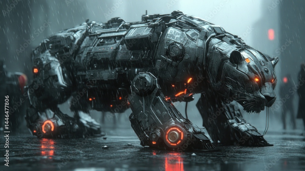 Fototapeta premium Cybernetic Tiger Patrols Rainy City