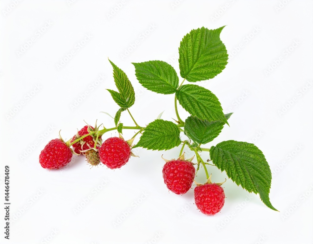 Fresh raspberries on branch with vibrant green leaves isolated on white background Fresh raspberries on branch with vibrant green leaves isolated on white background