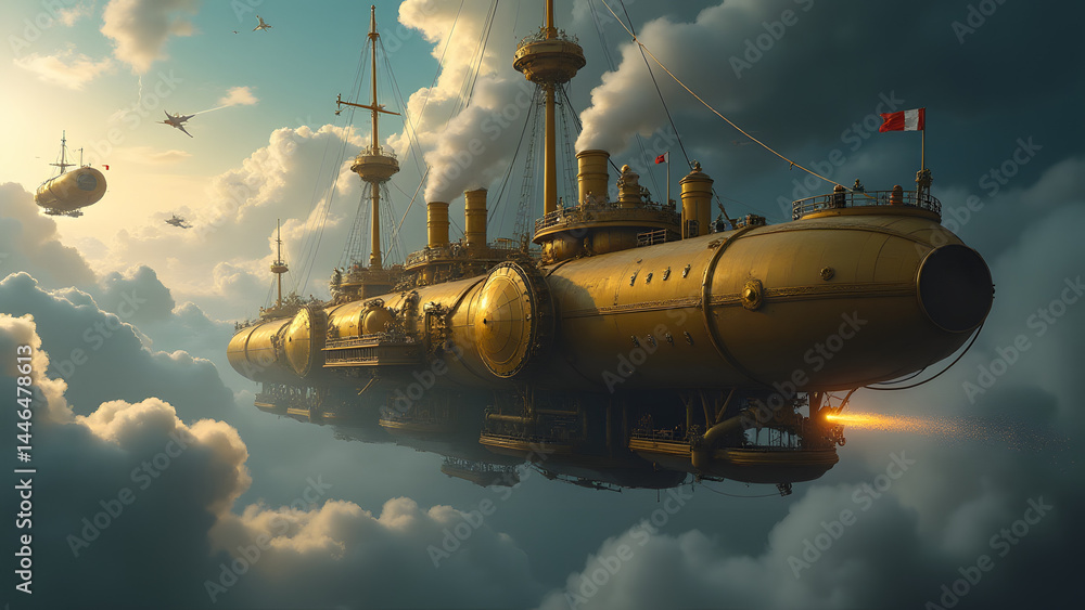 A chaotic steampunk airship battle with brass ships, steam cannons, and stormy skies. The air reeks of oil and coal, while lightning flashes dramatically. A chaotic steampunk airship battle with brass ships, steam cannons, and stormy skies. The air reeks of oil and coal, while lightning flashes dramatically.