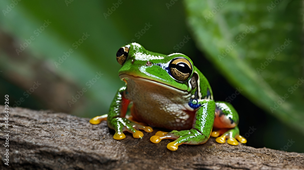 Naklejka premium a tiny tree frog who guards a hidden treasure deep in the rainforest.