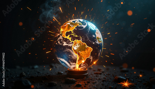 Obraz na płótnie Exploding Earth Symbolizing Climate Change and Global Crisis w salonie