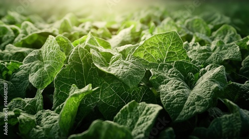 Ultra-detailed hyper-realistic display of vivid green leaves against a softly blurred abstract background, with controlled studio lighting enhancing every vein and texture