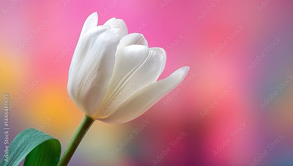 Beautiful white tulip on a colorful background, close-up. Spring flower. Nature concept. Floral Beautiful white tulip on a colorful background, close-up. Spring flower. Nature concept. Floral