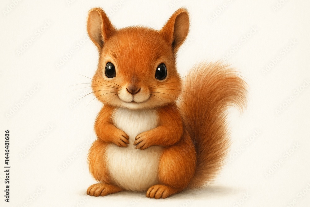 Adorable, fluffy squirrel sitting and smiling while holding its paws together against a clean white background, creating a heartwarming and charming scene full of innocence and joy Adorable, fluffy squirrel sitting and smiling while holding its paws together against a clean white background, creating a heartwarming and charming scene full of innocence and joy