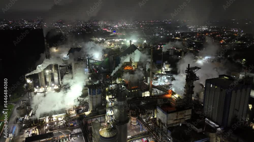 Imagem aérea noturna de uma indústria de papel e celulose com iluminação intensa, chaminés e estruturas industriais em destaque