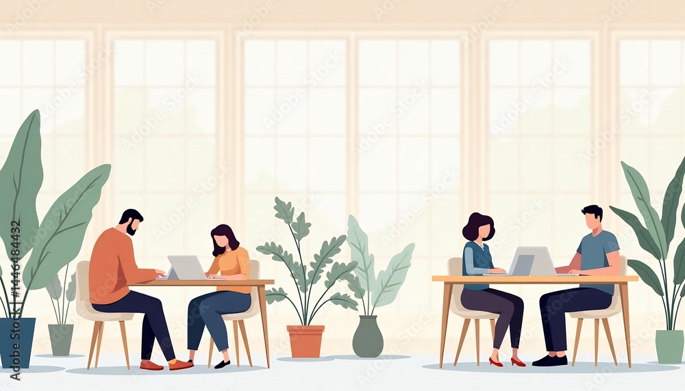 Coworking space: Colleagues in a shared workspace, immersed in their work with natural lighting and plants. Coworking space: Colleagues in a shared workspace, immersed in their work with natural lighting and plants.