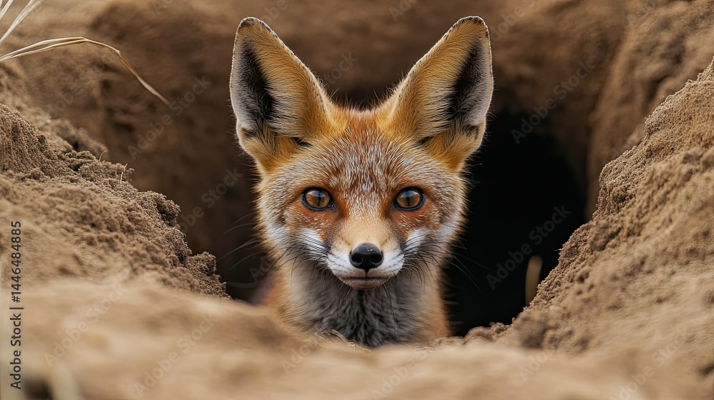 Naklejka premium A close-up of a fox peering out from a burrow, showcasing vibrant fur and bright eyes, exuding curiosity.