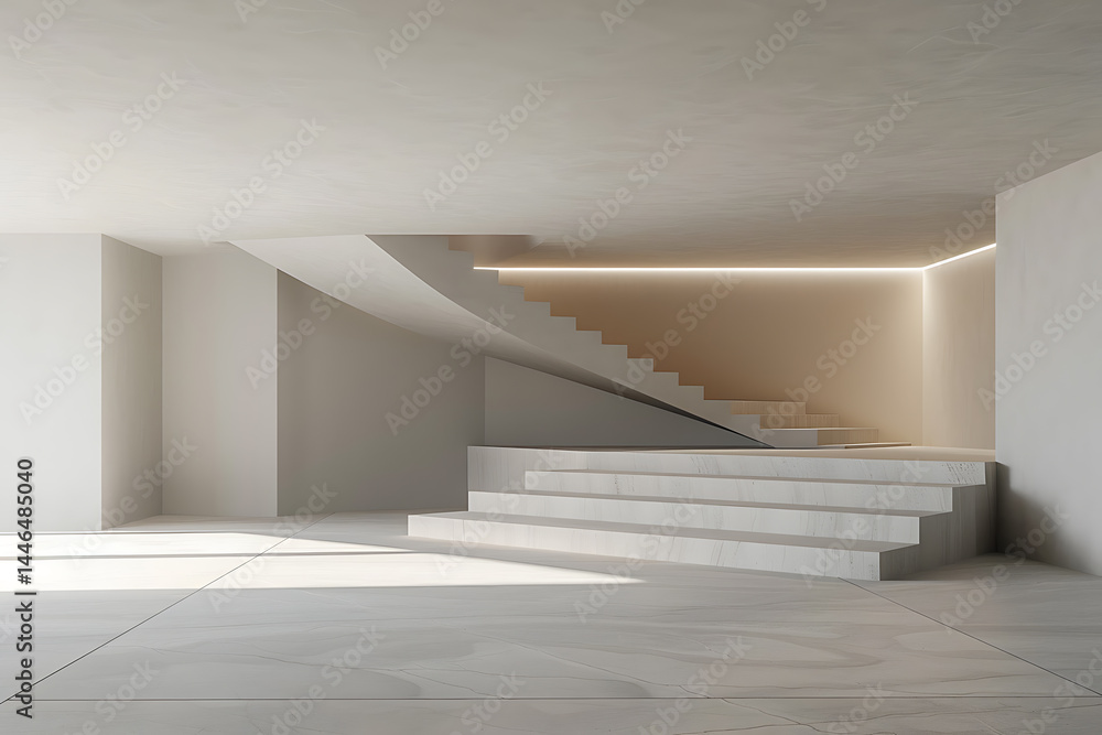 Obraz premium modern architectural visualization, d model of minimalistic building design with spacious layout, uncluttered aesthetic, and gentle natural illumination