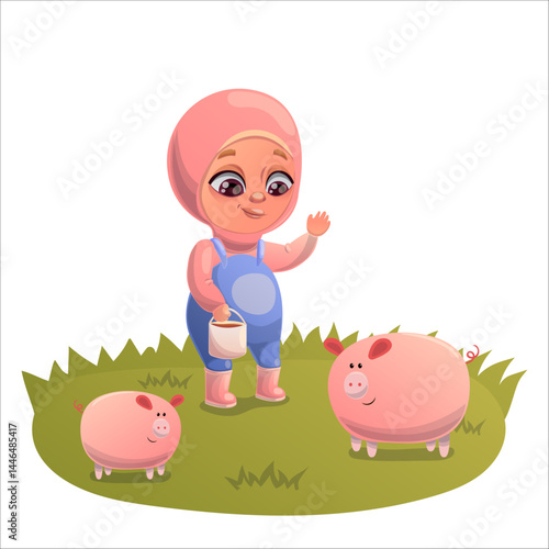 Illustration of a child doing gardening and animal husbandry