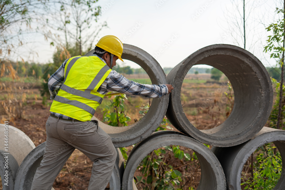 Infrastructure Inspection: A construction worker, clad in safety gear, meticulously inspects a series of massive concrete rings, essential components for infrastructure.