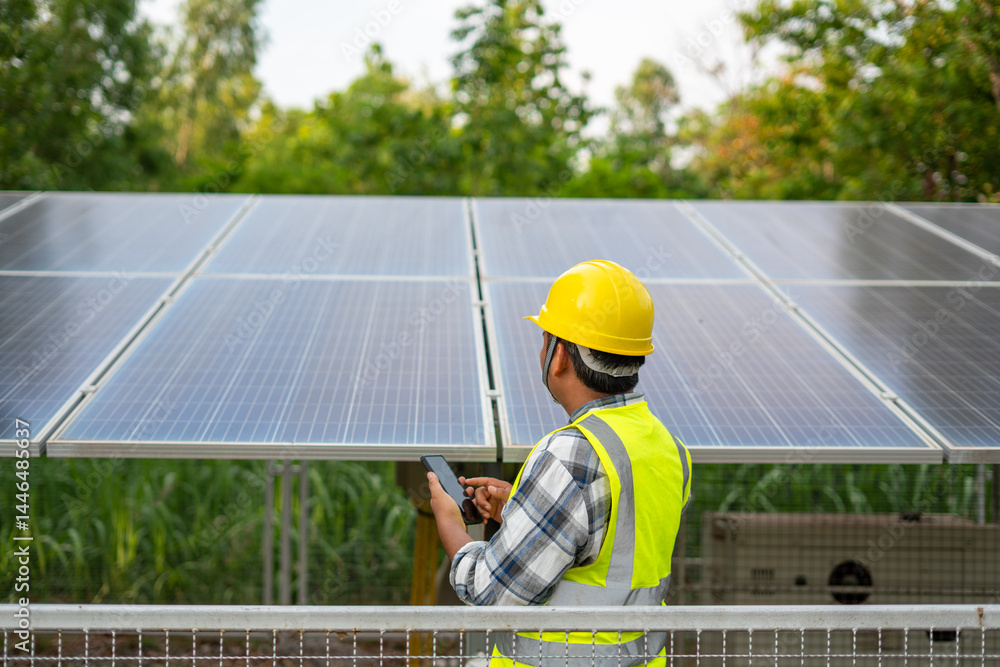 Solar Panel Engineer Inspection: An engineer in a safety vest and yellow hardhat inspecting a large solar panel array, using a tablet to monitor and maintain its efficiency.
